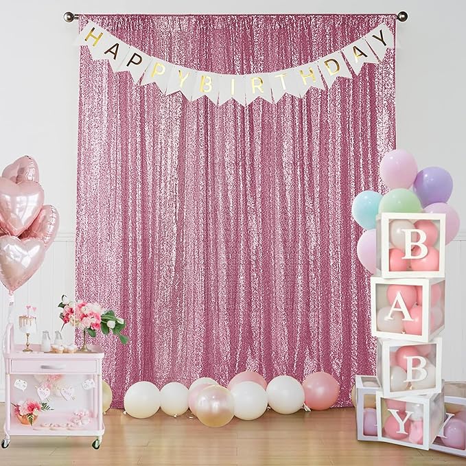 Sugargirl Pink Sequin Backdrop Curtain 2 Panels 2FTx8FT Glitter Pink Background - Image 2