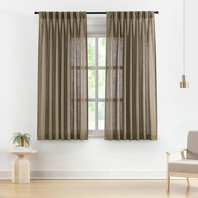 Vision Home Brown Pinch Pleated Semi Sheer Curtains Textured Linen Blended by VisionHome