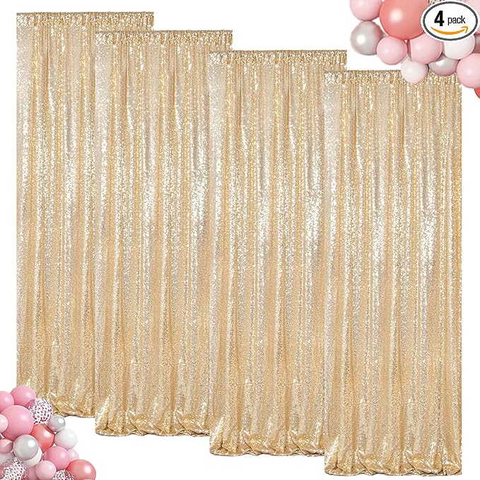 ShinyBeauty Sequin Backdrops 4 Panels Light Gold Sequin Curtains Photo Backdrop by ShinyBeauty