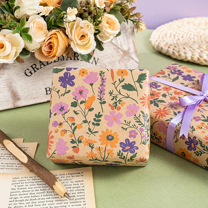 WRAPAHOLIC Kraft Floral Wrapping Paper Roll - Image 5