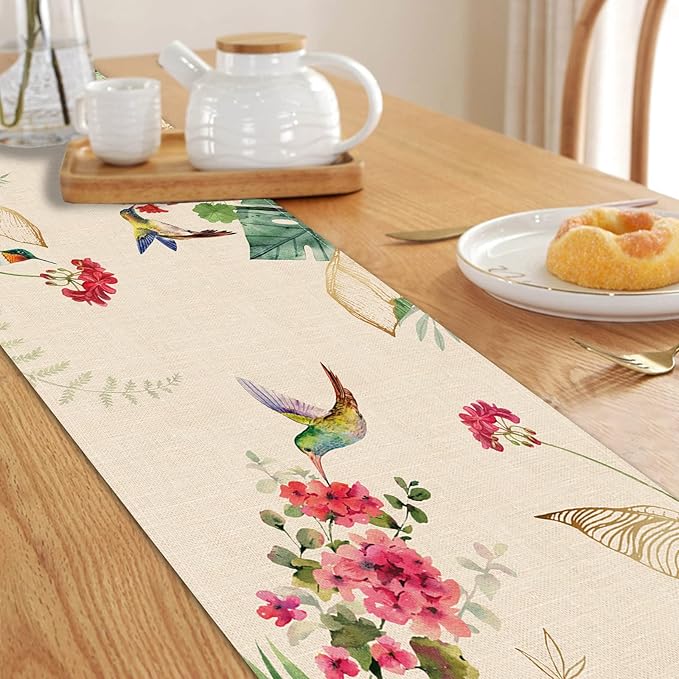 Seliem Summer Tropical Hummingbird Palm Leaf Greenery Table Runner, Spring - Image 7