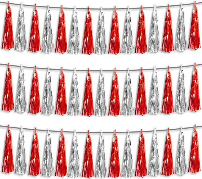 3P Red Silver Foil Fringe Metallic Tassel Streamers Banner Tassel Garland by HYSILLA