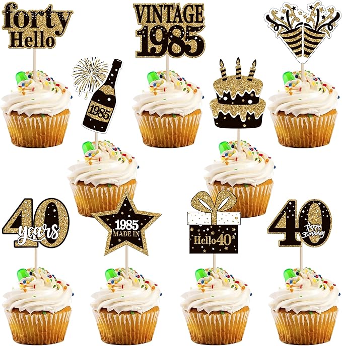 36PCS Happy 40th Birthday Cupcake Toppers Double Sided Black Gold Forty Hello by ZHUOWEISM