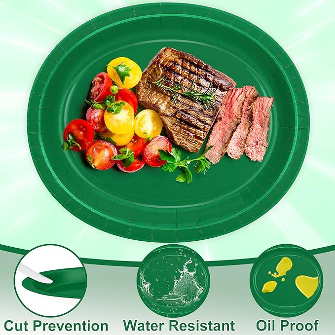 QZYL 50 Count Paper Plates, 12.2'' X 10.2'' Large Green Oval Plates, Daily - Image 3
