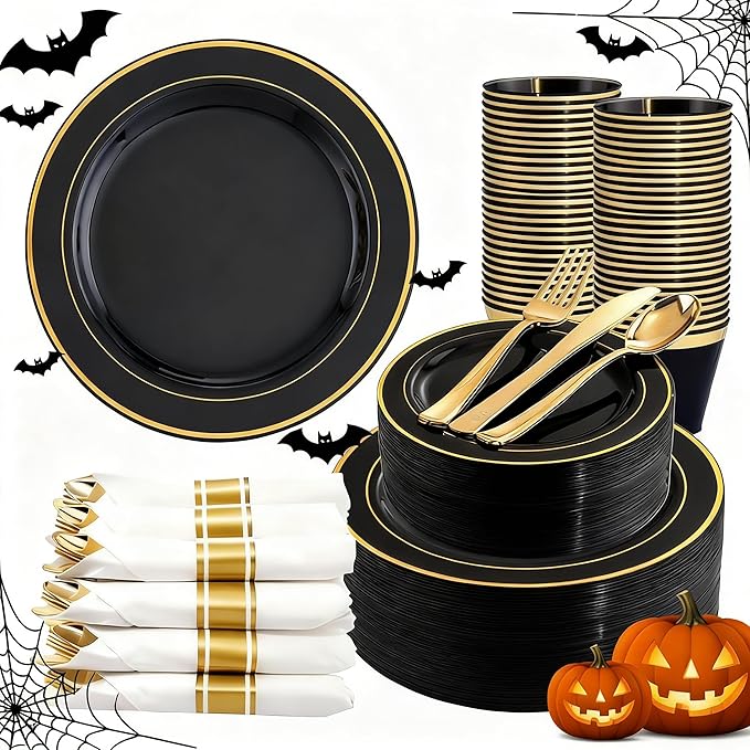 350 Pieces Black and Gold Plastic Plates by WDF