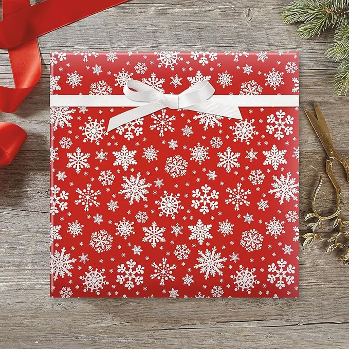 Current Snowflake on Red Christmas Rolled Wrapping Paper - Image 2