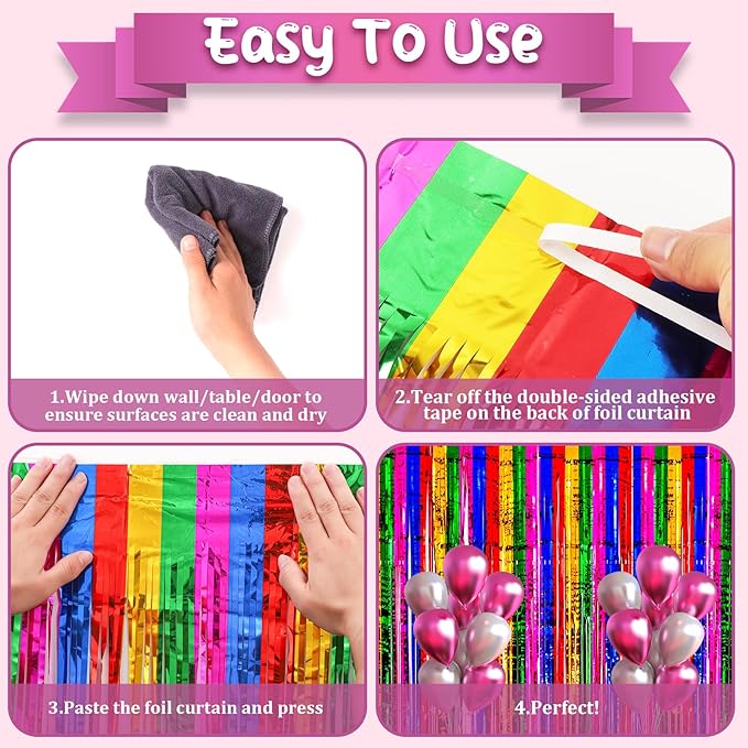 2 Pack 3.3x8.2 Feet Rainbow Foil Fringe Backdrop Curtains, Tinsel Streamers - Image 4