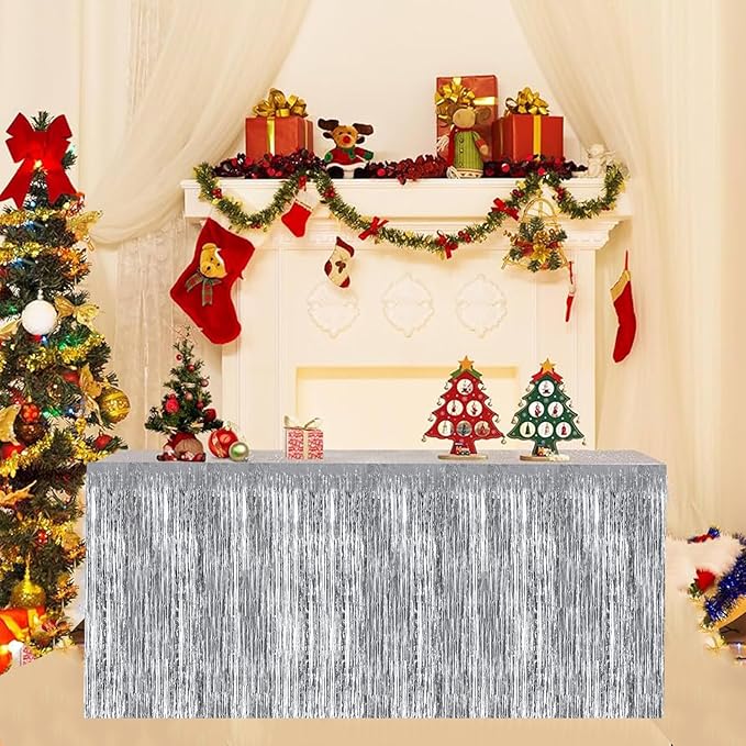 BEISHIDA 2 Pack Silver Table Skirts Party Decorations Metallic Tinsel Foil - Image 5