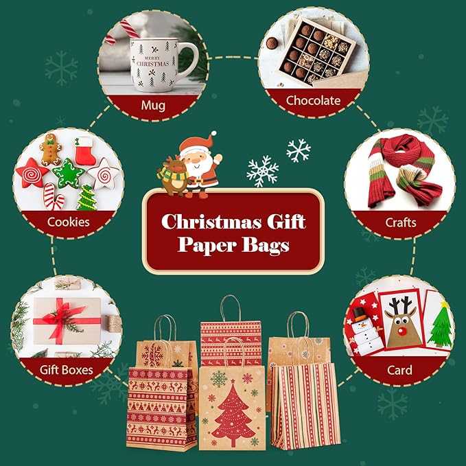 MESHA Christmas Gift bags 24Pcs 8.6x7x3.3'' Kraft Paper Bags - Image 6