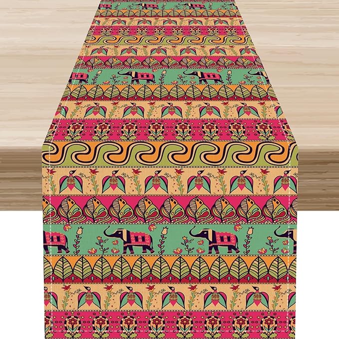Boho Table Runner, Indian Bohemian Elephant Mandala Paisley Floral Hippie Art by Unknown