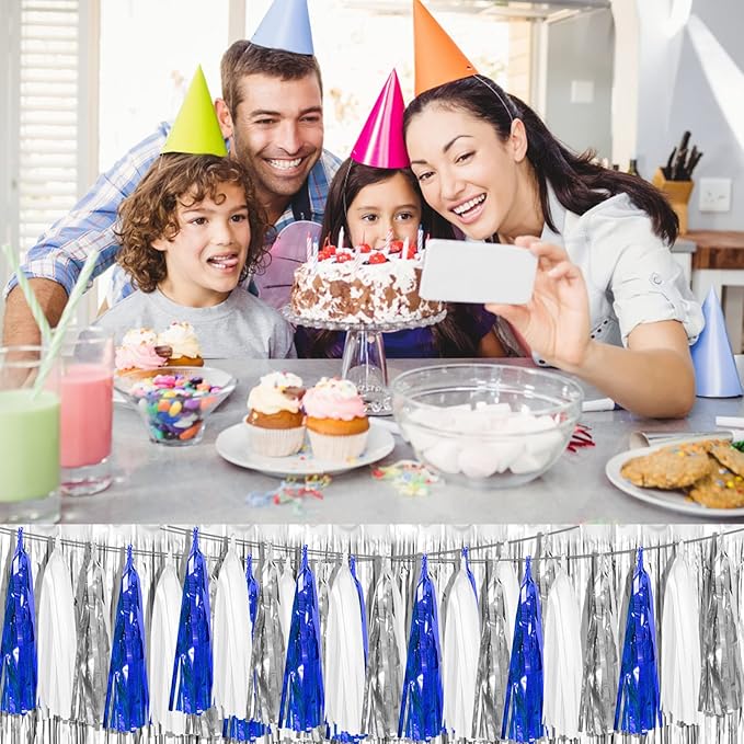 4P Navy-Blue White-Silver Foil Fringe Metallic Tassel Garland Banner, Tassels - Image 5