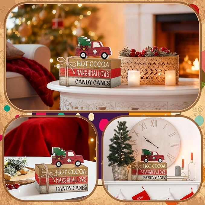 4 Pcs Christmas Table Decorations Red Truck Winter Tiered Tray Decorations - Image 7