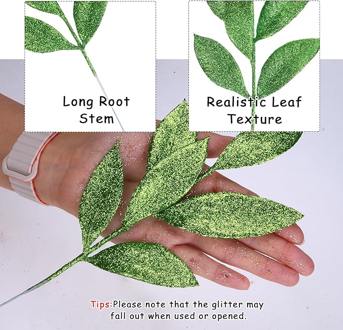 GREENTIME 12 Pack Artificial Green Glitter Leaves 13" Fake Christmas Picks - Image 2