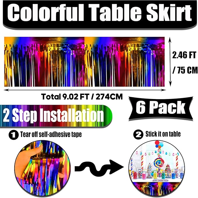 6 Pack 29x108 Inch Metallic Foil Fringe Tinsel Table Skirts Banner - Image 2