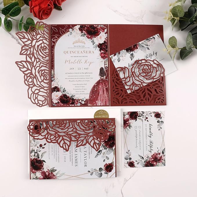 50pcs Tri Fold Wedding invitations Rose Hollow Laser Cut 5x7 '' Wedding - Image 3