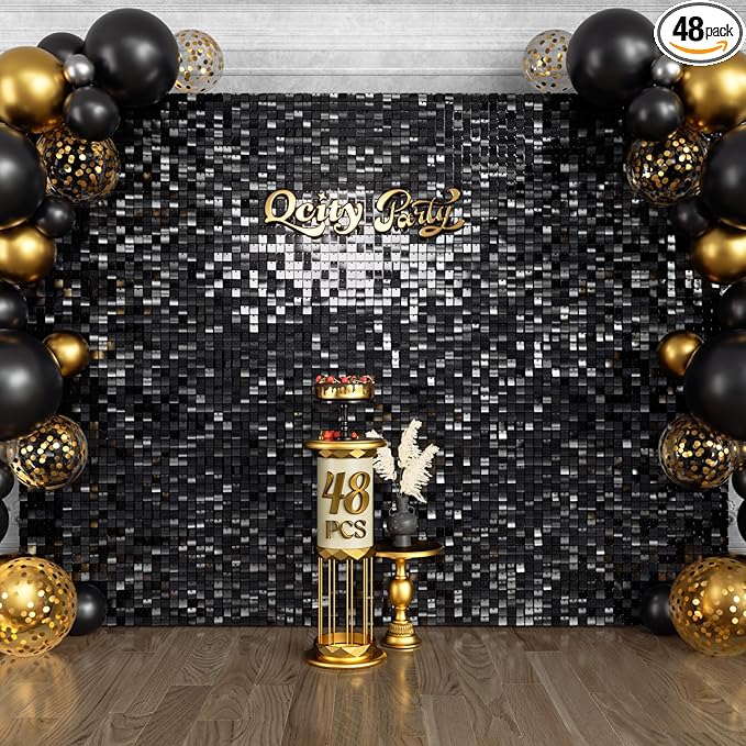 Qcity Black Shimmer Wall Backdrop 48PCS, Square Sequin Glitter Backdrop Panel by QCITY