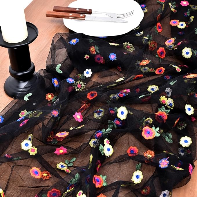 Joanlody Black Embroidery Daisy Fall Thanksgiving Table Runner 10ft Florals - Image 5