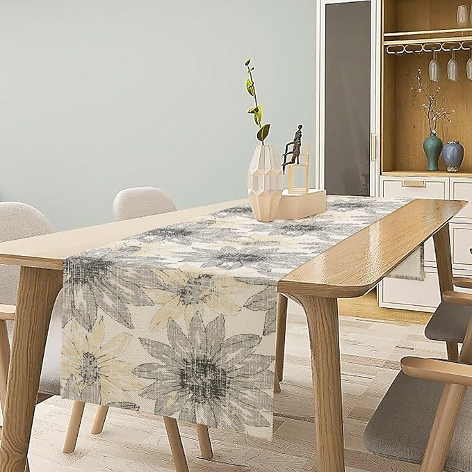 Chrysanthemum Vintage Floral Table Runner, Elegant Grunge Green Sunflower - Image 4