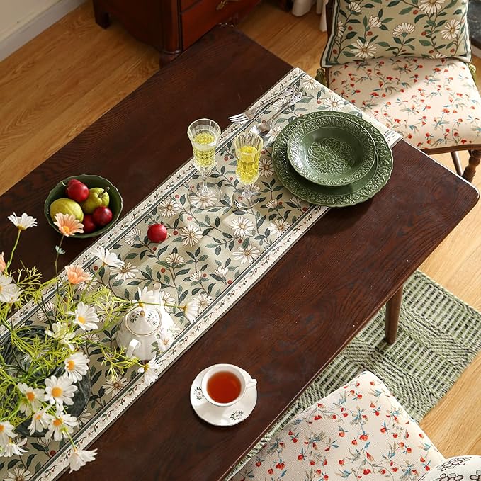 ISAENNE Designer Green Elegant Linen Table Runner 102 Inches Long, Flower and - Image 7