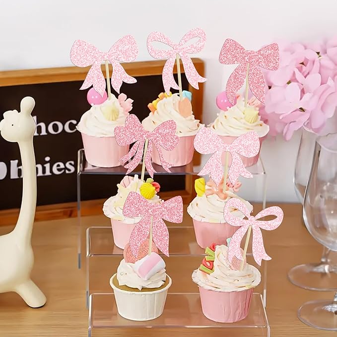 Gyufise 36Pcs Bow Cupcake Toppers Glitter Bowknot Cupcake Picks Bow Tie - Image 4