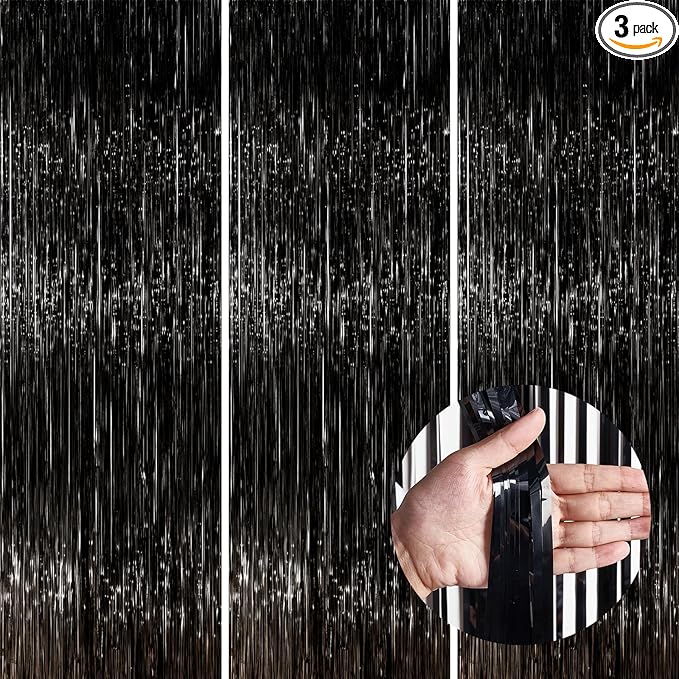 PartyWoo Black Streamers Tinsel Backdrop Curtain 3pcs 8.2ft Foil Fringe Curtain by PartyWoo