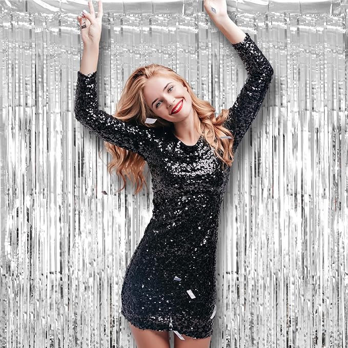2 Pack Silver Tinsel Foil Fringe Curtains, Metallic Tinsel Party Streamers - Image 7
