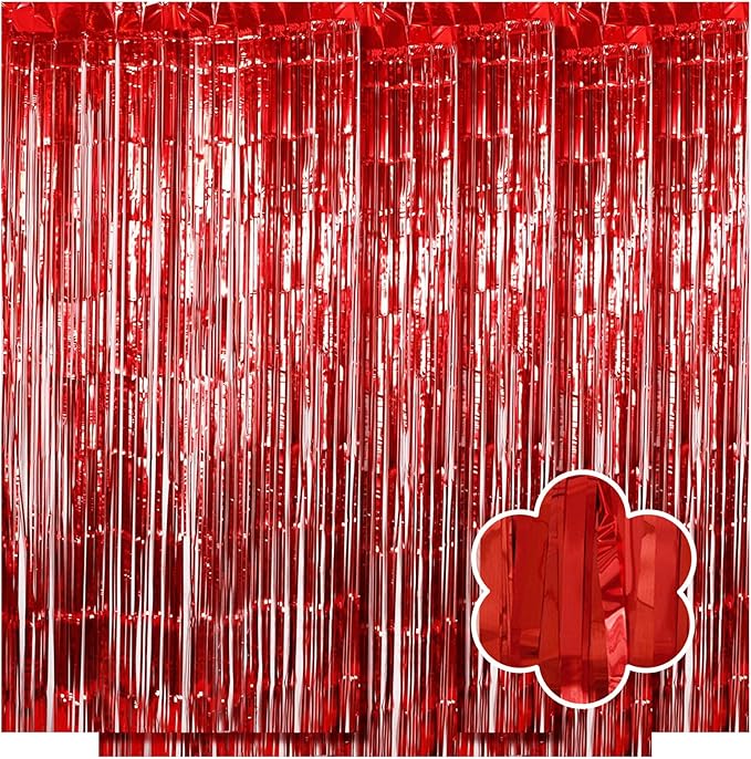 5 Pack Red Foil Curtain Backdrop 3.2ft x 9.8ft Metallic Tinsel Foil Fringe by Ohiyoo