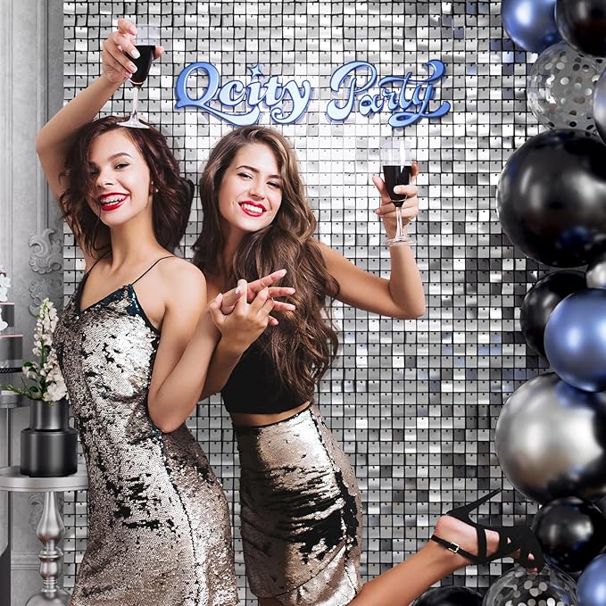 Qcity Silver Shimmer Wall Backdrop 30PCS, Square Sequin Glitter Backdrop Panel - Image 8