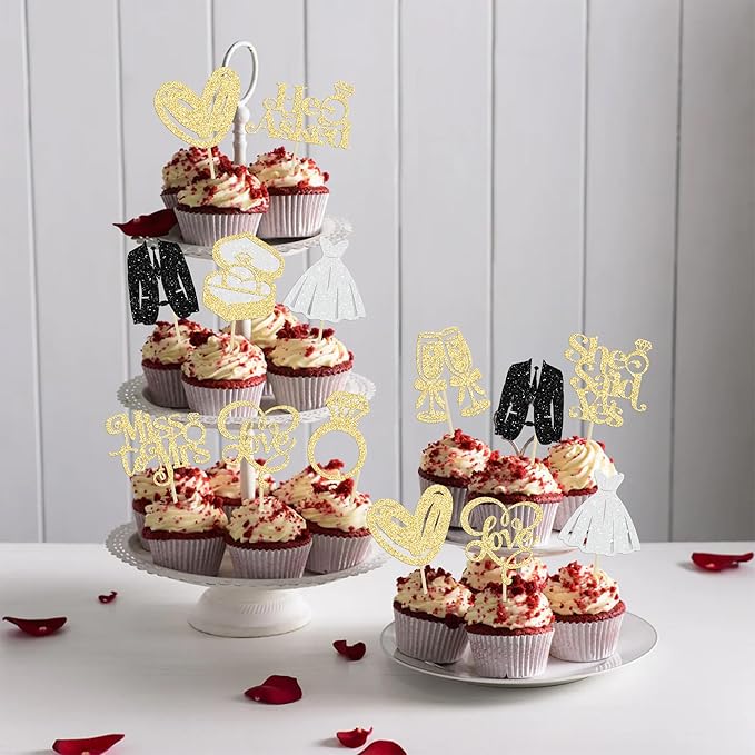Gyufise 30Pcs She Said Yes Cupcake Toppers Glitter Diamond Ring I Do Love - Image 4