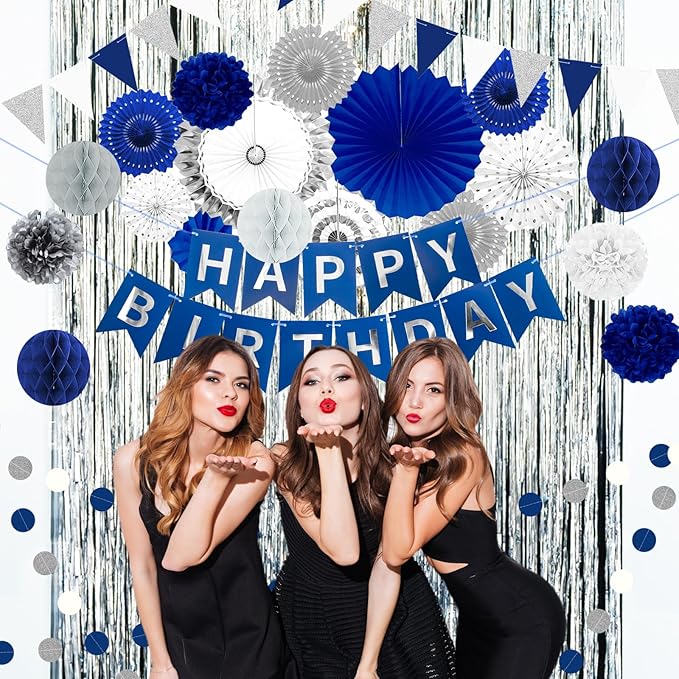 Navy Blue and Silver Happy Birthday Party Decoration 24Pcs Hanging Paper Fans - Image 6