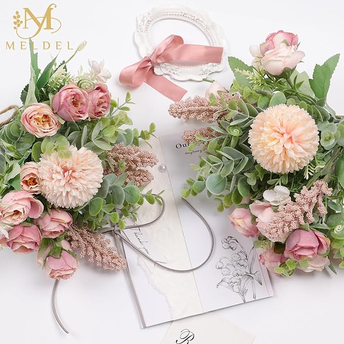 Meldel 3Pcs Rose Bouquet Pink Artificial Flowers Eucalyptus Plants Fake Silk - Image 7