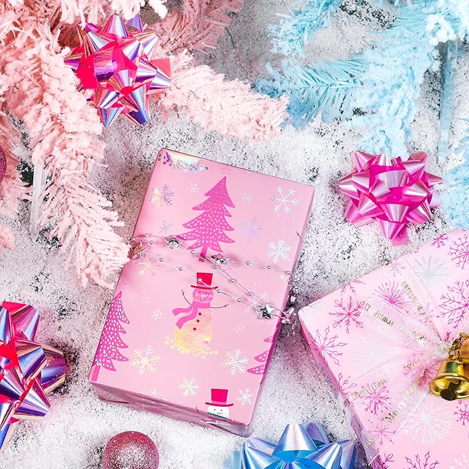 LeZakaa Christmas Pink Wrapping Paper Mini Roll, Snowman Christmas Tree & - Image 5