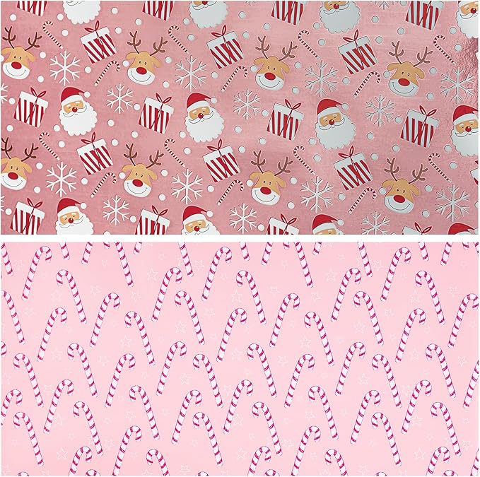LeZakaa Christmas Pink Wrapping Paper Mini Roll, Santa Claus & Candy Cane - Image 7