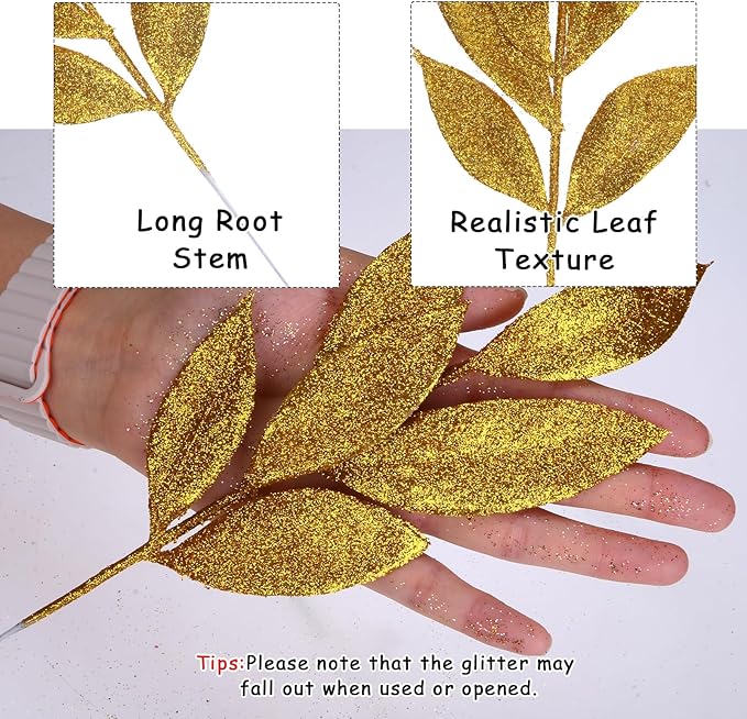 GREENTIME 12 Pack Artificial Golden Glitter Leaves 13" Fake Christmas Picks - Image 2