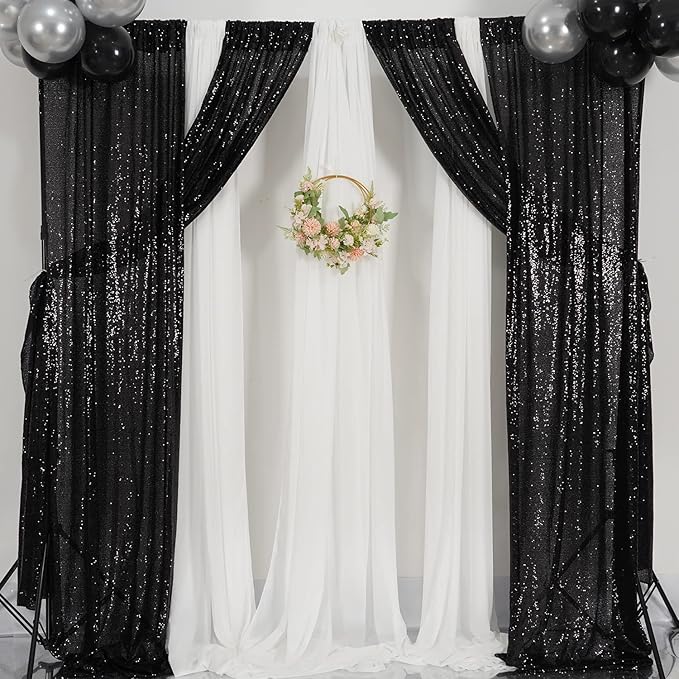 Poise3EHome 2ft x 8ft Black Sequin Photography Backdrop Curtains 2 Panels - Image 5