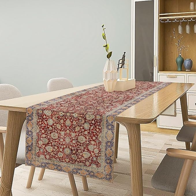 Boho Bohemia Style Table Runner, Vintage Red Blue Retro Flower Rustic Country - Image 3