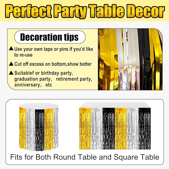 3 Pack 29 x108 Inch Black Gold Silver Foil Fringe Table Skirts Metallic Banner - Image 3