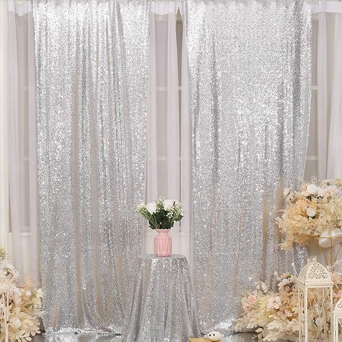 Eternal Beauty Sequin Backdrop Curtains, 2x8 Ft-2 Panels Silver Back Drop - Image 4