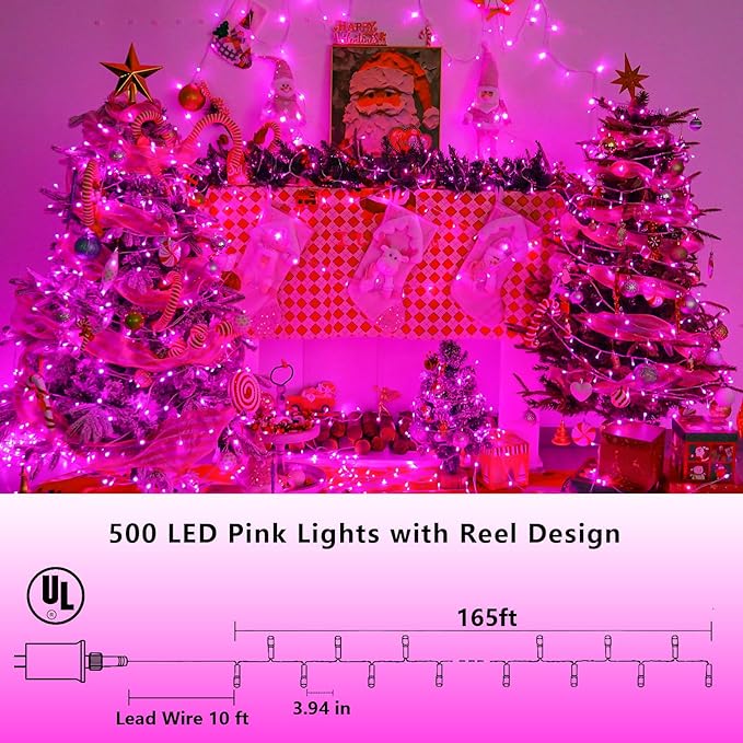 YEGUO Pink String Lights Outdoor Waterproof, 165ft 500 LED Christmas Lights - Image 2