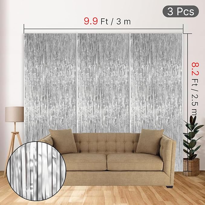 ParyWoo Silver Streamers 3pcs Tinsel Backdrop 8.2FT Metallic Tinsel Foil Fringe - Image 4