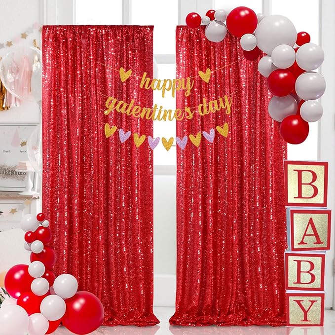 Red Sequin Curtains 2 Packs 3ftx8ft Photo Booths Backdrop by QueenDream
