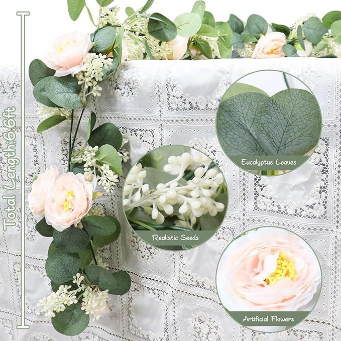 MAKHOT 2 Pcs Pink 6.6Ft Artificial Eucalyptus Flower Garland - Image 6