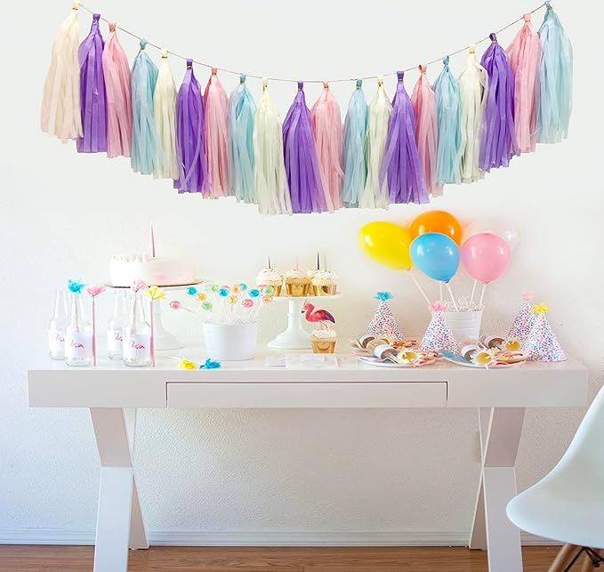 Pastel Rainbow Colorful Tissue Paper Tassel Garland, Tissue Tassel Banner - Image 3