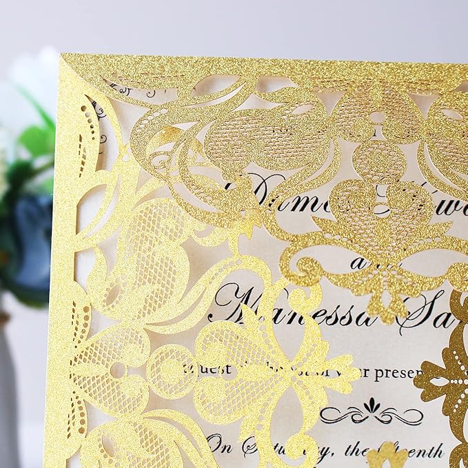 Hosmsua 6.3 x 6.3 Inch 50PCS Gold Glitter Laser Cut Wedding invitation Cards - Image 6