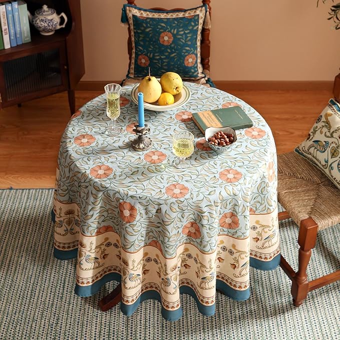 patdrea Designer French Linen Blue Round Table Cloth, Vintage Floral Tablecloth - Image 4