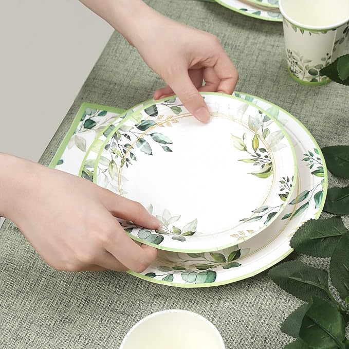 Green Party Plates Supplies, Sage Green Paper Eucalyptus Leaf Plates and Napkins - Image 4