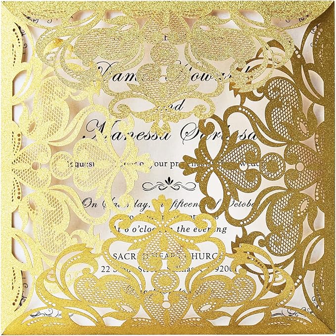 Hosmsua 50PCS Personalized Gold Laser Cut Wedding invitation Cards by Hosmsua