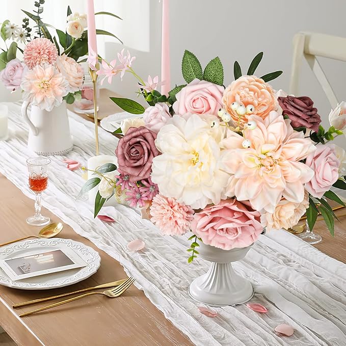 AmyHomie Blush Champagne Artificial Flowers Combo Silk Mix Peony Rose Fake - Image 3