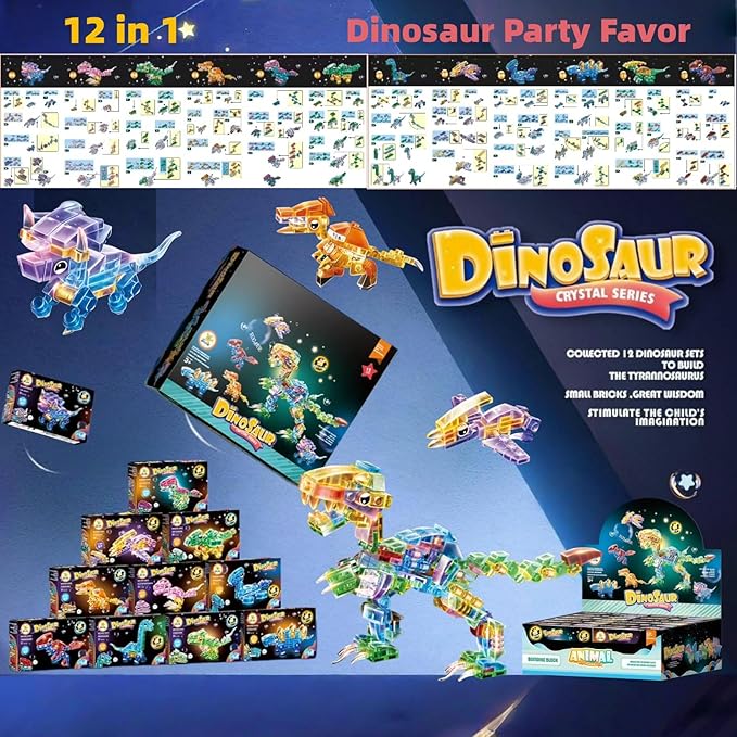 Crystal Dinosaur Party Favors for Kids, 12 in 1 Mini Dinosaur Building Blocks - Image 6