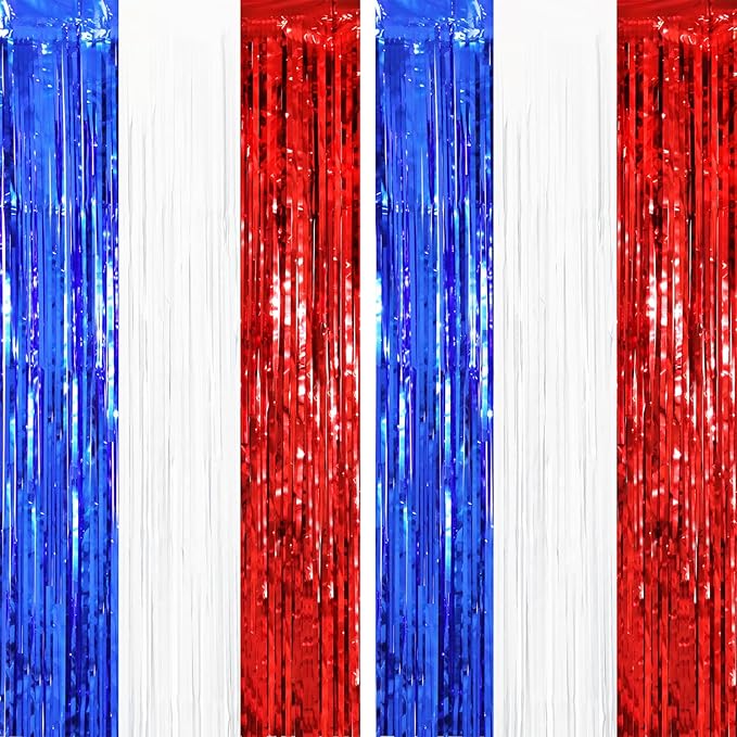 2 Pack Red White and Blue Tinsel Foil Fringe Curtains, 4th of July Decorations by Voircoloria